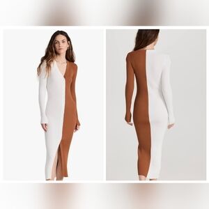 STAUD Shoko Long Sleeve White and Brown Cardigan Bodycon Dress